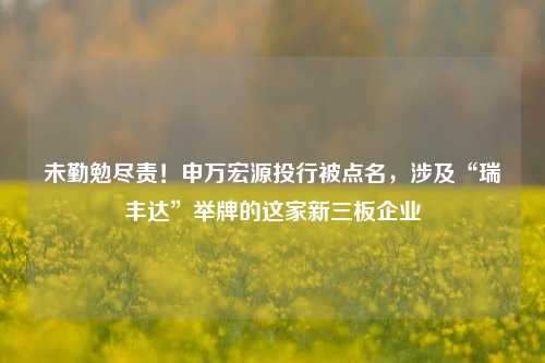 未勤勉尽责！申万宏源投行被点名，涉及“瑞丰达”举牌的这家新三板企业